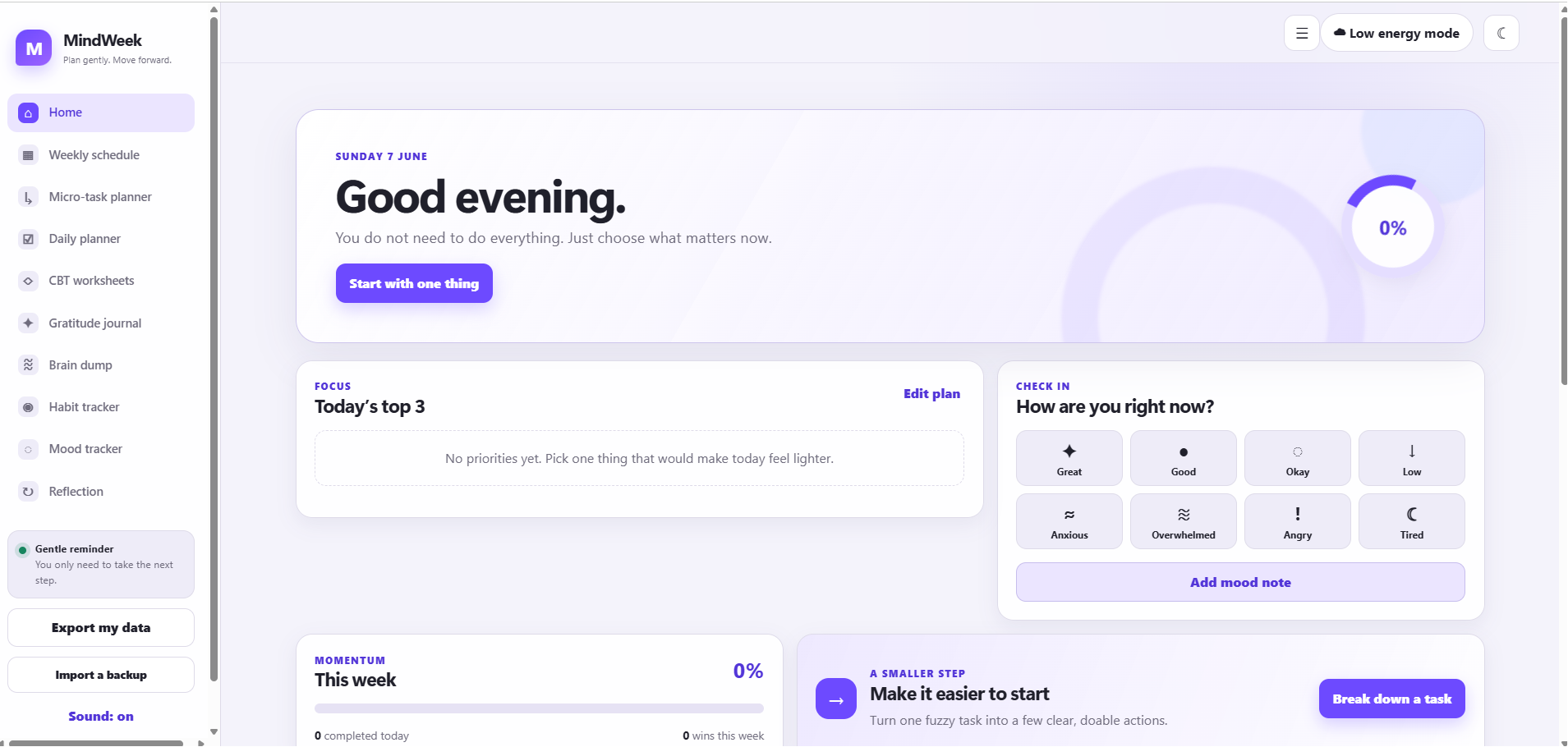 MindWeek planning dashboard with a weekly focus area, mood check-in, progress, and task tools