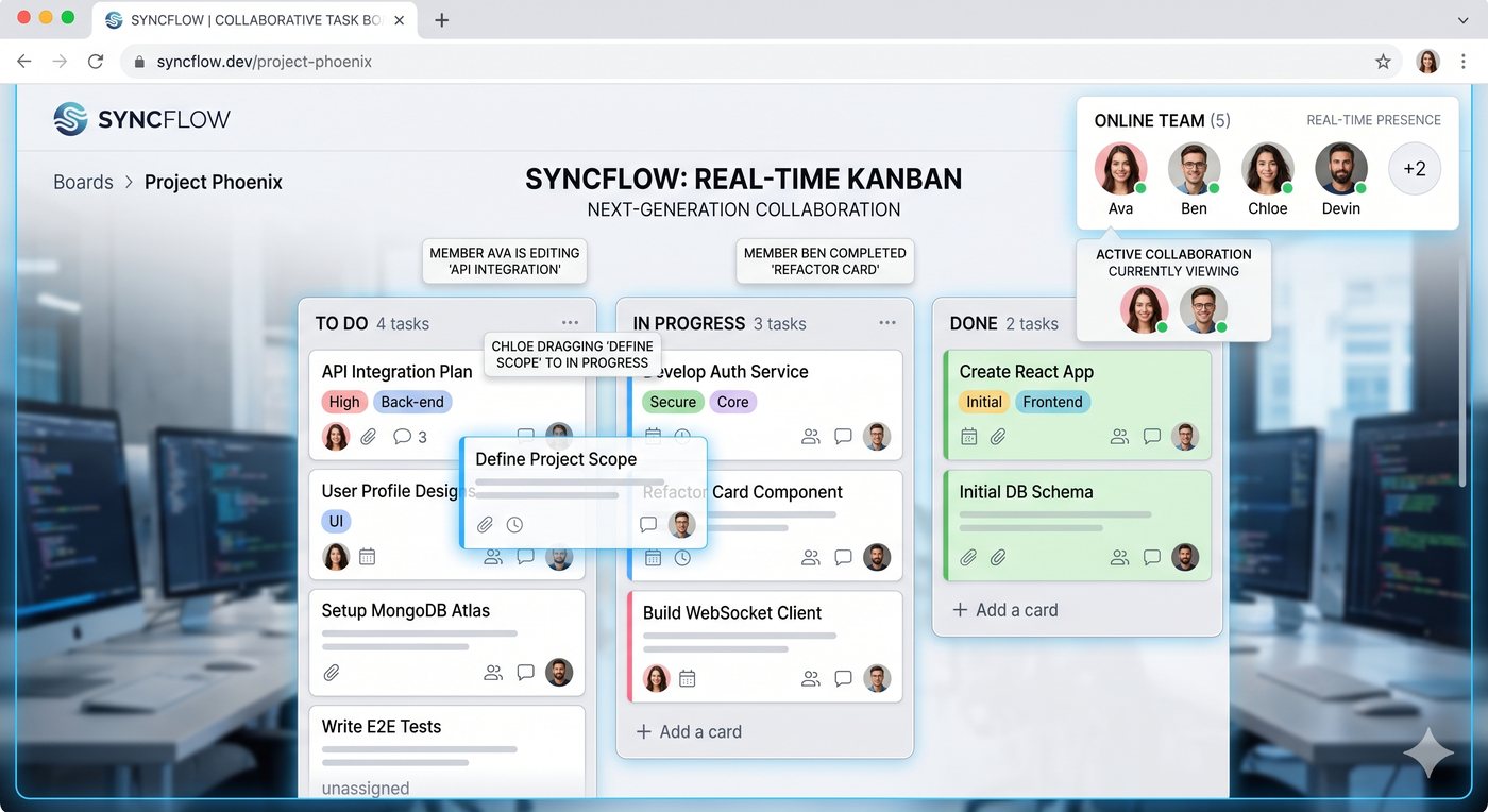 SyncFlow Kanban board preview with task columns, member presence, and collaboration callouts