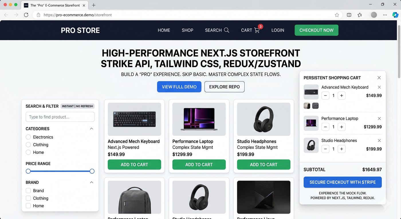 E-commerce storefront preview with product cards, search filters, shopping cart, and checkout button