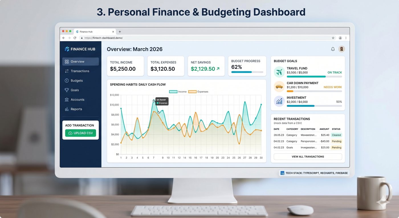 Personal finance dashboard preview with income, expenses, savings, and budget goal panels