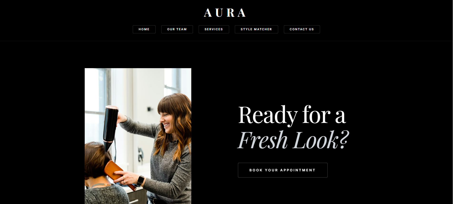 Aura Hair Studio homepage with salon navigation, stylist photograph, and booking call to action