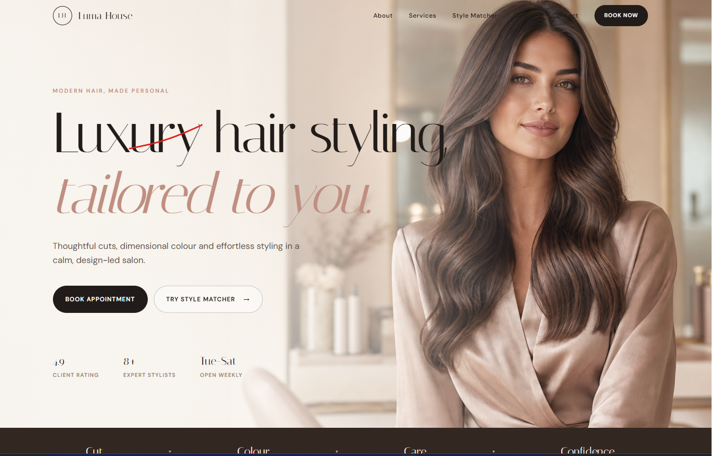 Luma Hair Studio homepage with a black luxury design, stylist photograph, and appointment button